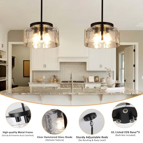 3 Light Black Modern Farmhouse Chandelier Pendant for Dining Room, Adjustable Glass Shade