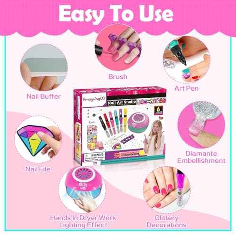 Kids Nail Polish Set for Girls,Kids Nail Art Kit for Girls Ages 7-12 Years Old Cool Girly Gifts with Nail Polish, Pen, Nail Dryer, Stickers, Glitter, Makeup Gift for Birthday