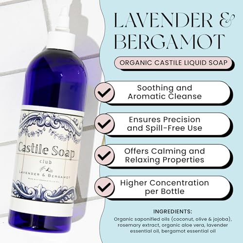 Natural Castile Soap | Organic Liquid Soap | Gentle on Sensitive Skin | Use on Hair, Body, Hands & Home | Vegan, No Palm Oil or Additives (16oz, Lavender & Bergamot)