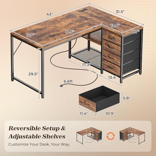 PRAISUN 43.3" Rustic Brown Small L-Shaped Desk with Power Outlets & Storage