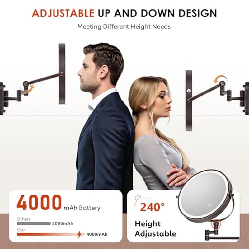 9" Wall Mounted Lighted Makeup Mirror,4000mAh Rechargeable Double Sided 1X/30X Magnifying Mirror with Light,Touch Dimmable,Extended Arm 360 Rotation Wall Mounted Makeup Mirror 3 Color Lights-Bronze