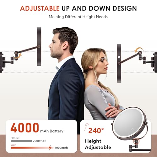 9" Wall Mounted Lighted Makeup Mirror,4000mAh Rechargeable Double Sided 1X/20X Magnifying Mirror with Light,Touch Dimmable,Extended Arm 360 Rotation Wall Mounted Makeup Mirror 3 Color Lights-Bronze