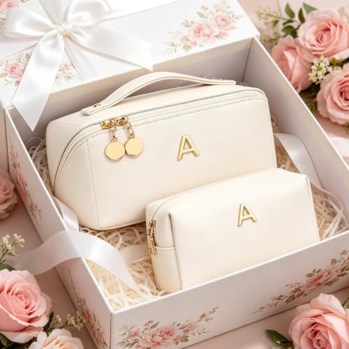 Cloudwings Initial Makeup Bag Set Beige - Personalized Gift for Women