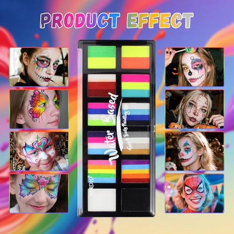 Face Paint Kit for Adults ? 12 Color Rainbow Split Cake Face Painting Kit with 4 Brushes, Water Activated Face Paint Palette, Professional Facepaint Makeup Set for Halloween Cosplay Parties