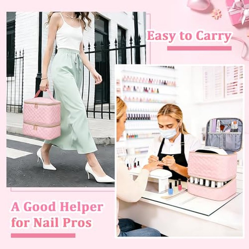 JEWHITENY Nail Polish Organizer Bag Holds 30 Bottles & Nail Lamp,Double-Layer Nail Polish Storage Bag with Adjustable Dividers,Portable Nail Kit Bag For Nail Stuff & Manicure Tools (Pink)