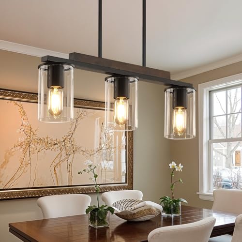 Farmhouse Style Black Pendant Light with Clear Glass Shade - 3 Light Linear Chandelier for Kitchen Island