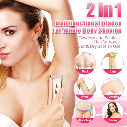 Bikini Trimmer for Women, SKYUV 2 in 1 Electric Razors Bikini Shaver, IPX7 Waterproof & Easy Cleaning, Ceramic Blade, USB Recharge, Cordless Body Hair Trimmer, Facial & Pubic Hair Removal