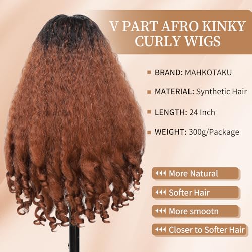 MAHKOTAKU Afro Curly V Part Wig 24 Inch Dark Roots Reddish Brown for Black Women