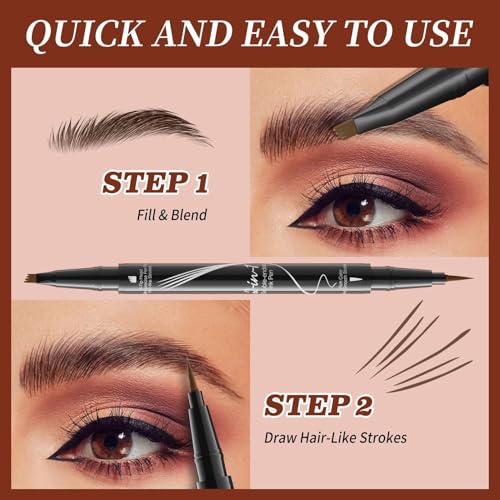 Two Eyebrow Pencils, 2025 NEW Waterproof Magic Eyebrow Pencil, Dual-Ended 3D Microblading Eyebrow Pen with 4 Tip & Eyebrow Brush, Makeup Long-Lasting Eyebrow Pen for Women (02#Dark Brown*2)