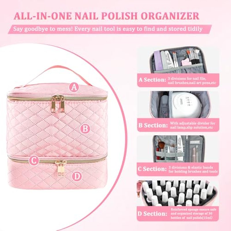 JEWHITENY Nail Polish Organizer Bag Holds 30 Bottles & Nail Lamp,Double-Layer Nail Polish Storage Bag with Adjustable Dividers,Portable Nail Kit Bag For Nail Stuff & Manicure Tools (Pink)