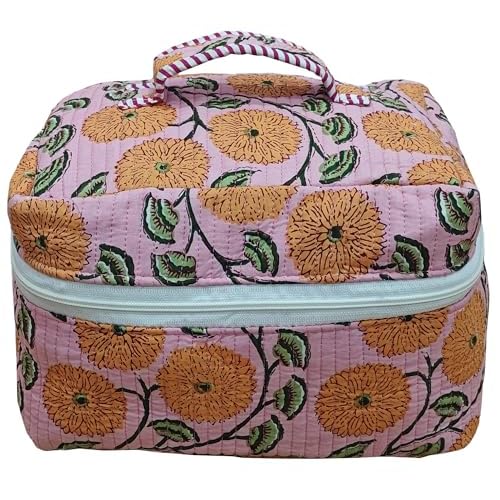 Rastogi Handicrafts Quilted Floral Cosmetic Bag, Organizer Bag Patterns, Striped Handle, Zipper Closure, Travel Make up Storage (Orange)