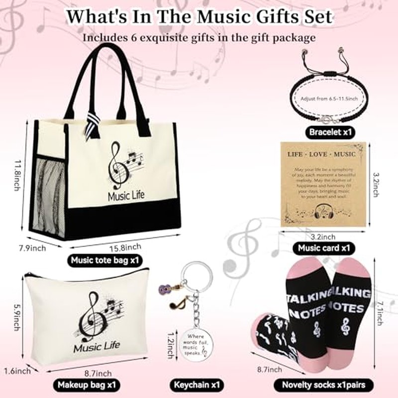 6 Pcs Music Theme Gifts for Women Canvas Tote Bag Cosmetic Pouch Crew Socks Bracelet Cards Keychains Musical Lovers Gifts Musicial Students Teachers Musicians Favors for Birthday