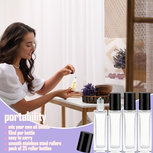 Black 25 Pcs 10ml Square Glass Roller Bottles for Essential Oils & Perfume