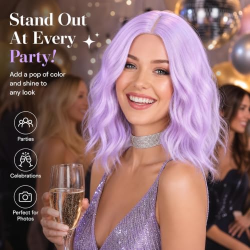 eNilecor Purple Wigs for Women Short Wavy Bob 14 Inch Middle Part Synthetic Lilac Neon Wig for Cosplay & Party - Lavender Purple