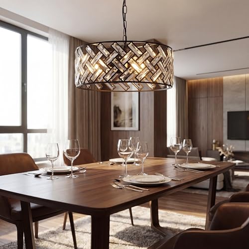 Black Drum Chandelier 16in Crystal Pendant Light for Dining & Kitchen - Criss Cross Variation