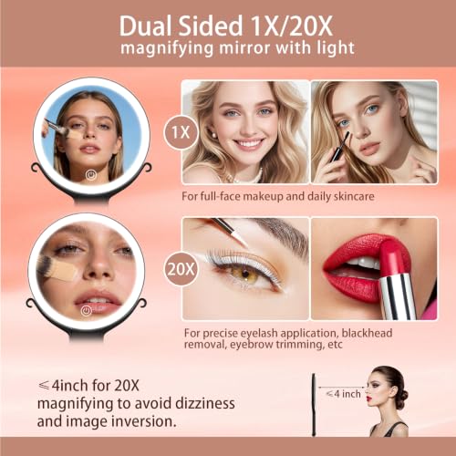 Travel Makeup Mirror with Lights 20X Magnification Black - Rechargeable & Dimmable