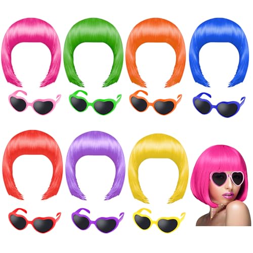 Multicolor Short Bob Wigs with Heart Sunglasses Party Set - 7 Colors