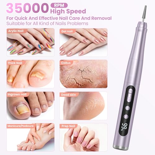 Cordless Nail Drill with LCD Display - 35000RPM Rechargeable Manicure & Pedicure Tool - Purple