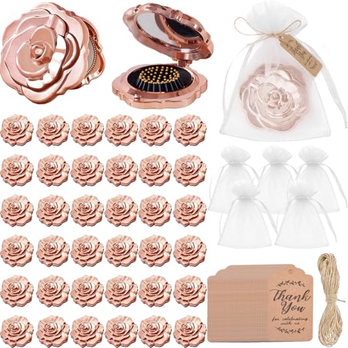 Set of 36 Rose Compact Mirrors & Hair Brushes with Organza Bags for Wedding & Party Favors