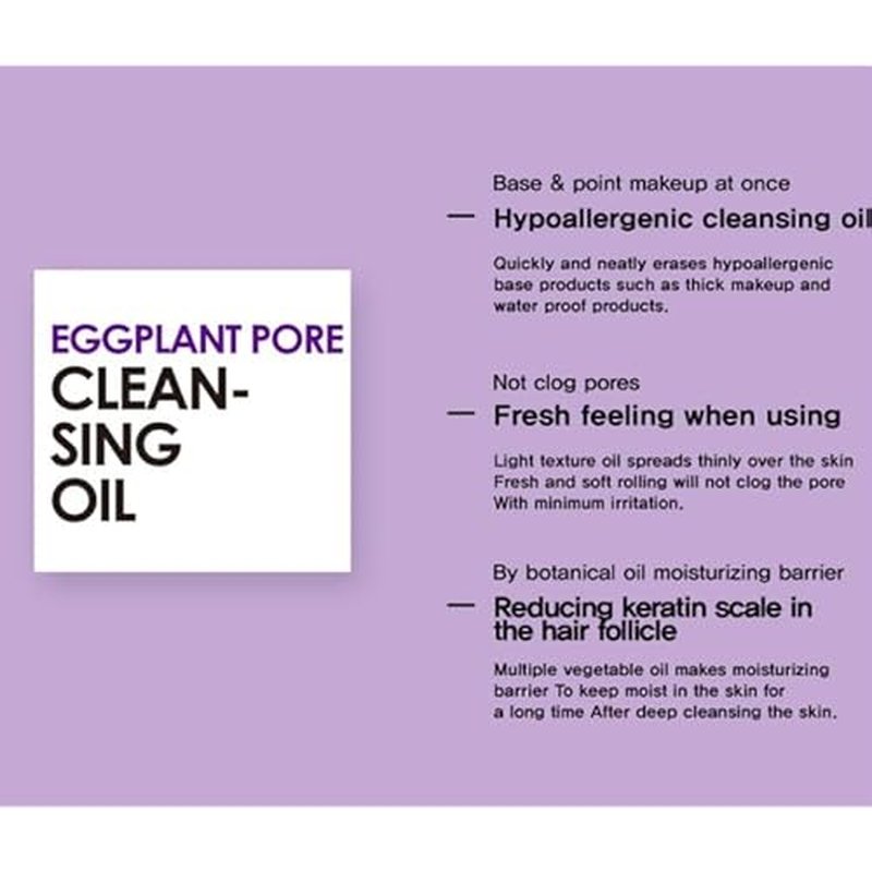 Eggplant Pore Cleansing Oil 5.07?fl?oz - Lightweight Oil Cleanser with Jojoba, Olive & Macadamia Oils to Dissolve Makeup and Balance Oily Skin, Korean Skincare