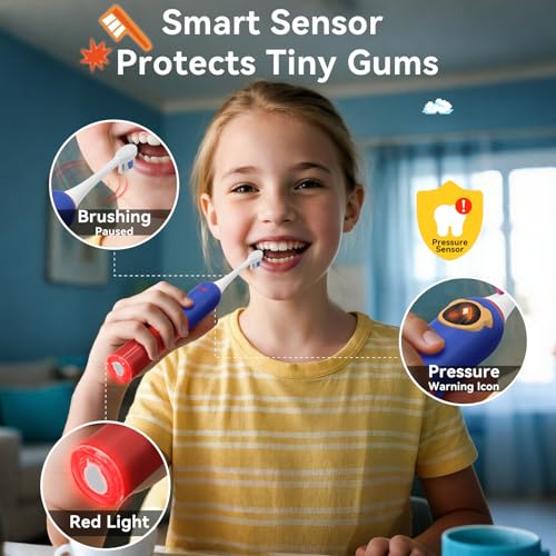 Kids Electric Toothbrush with Pressure Sensor - Rechargeable, 8 Heads, Red