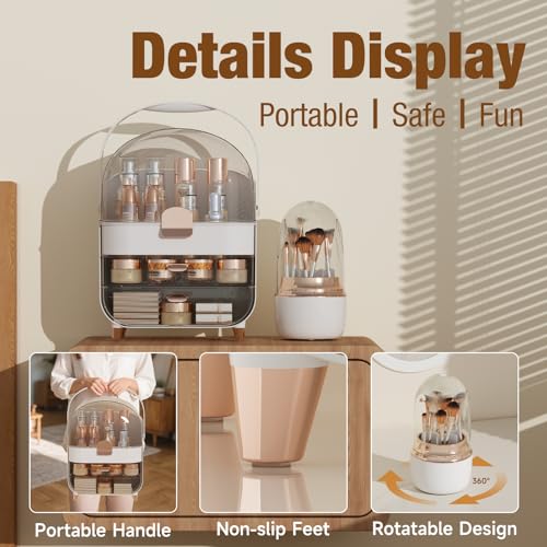 Makeup Organizer, Skincare Organizers With Makeup Brush Holder, Cosmetic Organizer for Countertop,Bathroom, Vanity, Cosmetic Display Cases, Christmas Gifts for Teen Girls (Rose Gold)