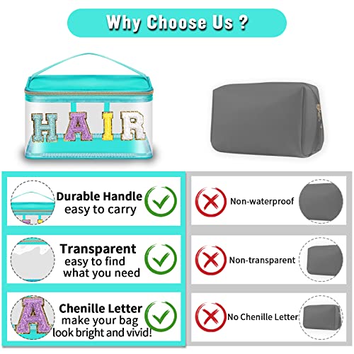 Clear Makeup & Hair Pouch Set - Pink & Green Chenille Letter Bags