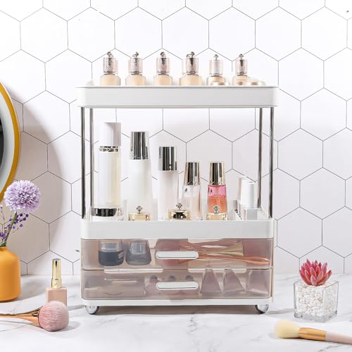 DASITON 4 Tiers Makeup Organizer, 2 Drawers Large Cosmetic Organizers for Vanity Bathroom Countertop, Bathroom Organizers and Storage for Skincare, Cosmetic, Perfume, Dresser Organizer (White+Clear)