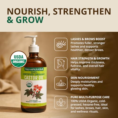 RejuveNaturals Organic Castor Oil 16oz Glass Bottle - Unscented, USDA Certified, Cold Pressed Hair & Skin Growth Remedy