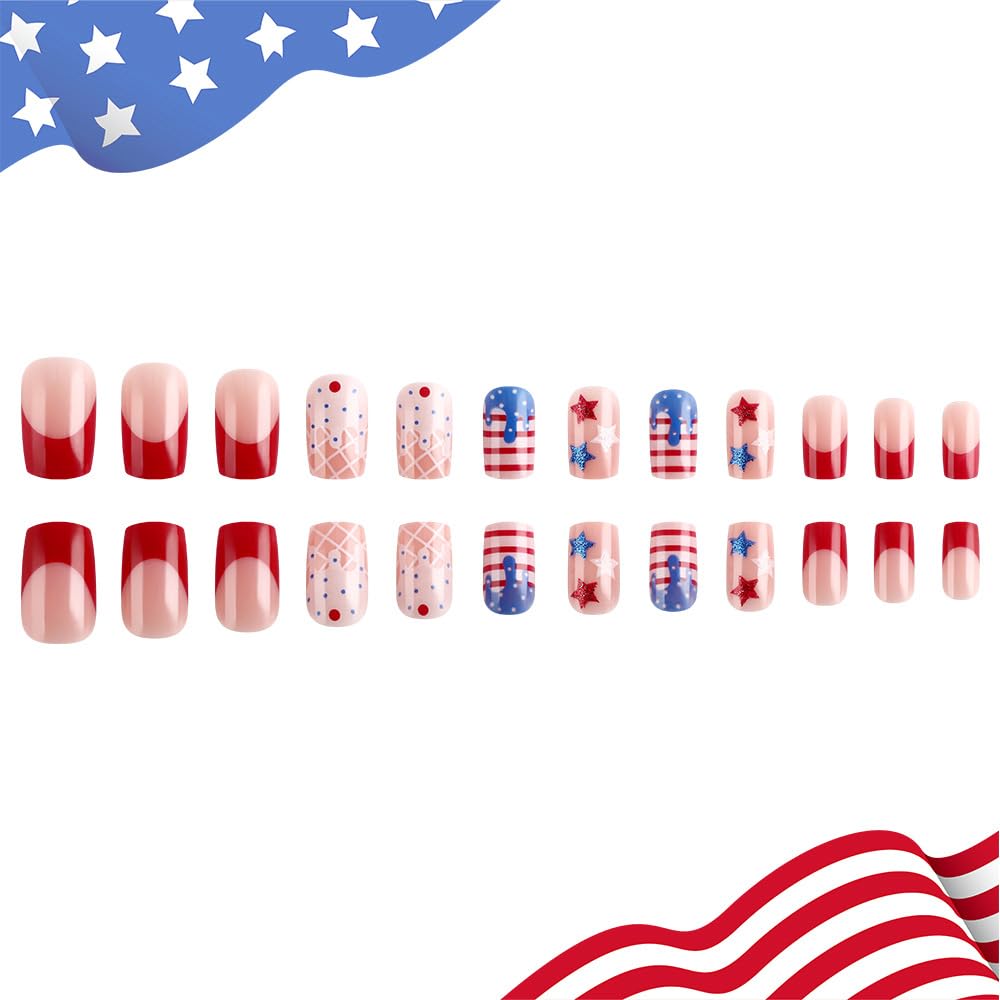 24 Pcs 4th of July Press On Nails Short Square,YEFIUO Pink Fake Nails Press ons Red French Nail Art Tips Acrylic Nail Kit Glue on Nails Full Cover False Nails with Independence Day Design for Ma'am