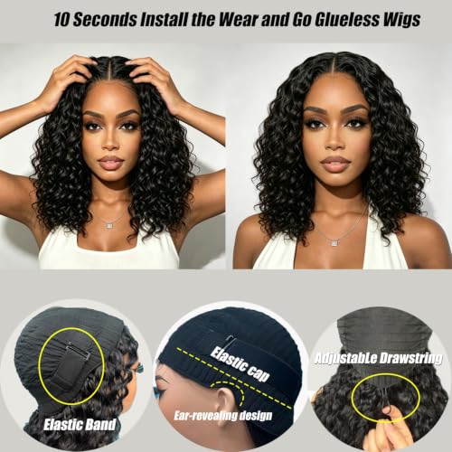 Natural Black 16-Inch Curly Water Wave Human Hair Glueless Bob Wig - 2x6 HD Lace