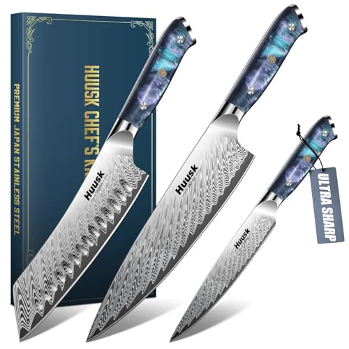 Huusk Japanese Knife Set 3 Pcs Blue - Chef, Santoku & Utility Knives with Sheath