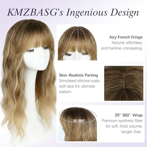 Kmzbasg 20in Blonde Brown Hair Topper with Dark Roots & French Bangs - 360 3D Clip-In for Thinning Hair