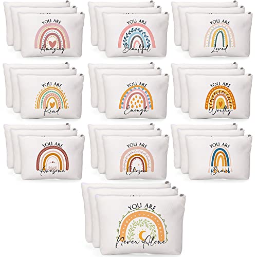 Coume 30 Pcs Inspirational Canvas Makeup Bags Bulk Employee Appreciation Gift for Women Motivational Cosmetic Bags with Zipper Boho Makeup Pouch Christmas Gift for Travel Coworker Teacher(Rainbow)