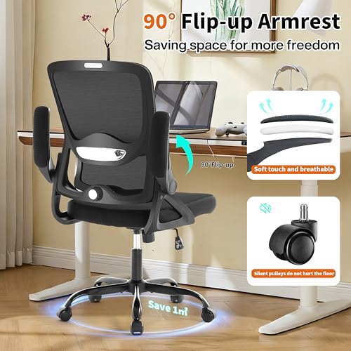 Black Ergonomic Mesh Office Chair with Lumbar Support, Flip-Up Arms, 400 lbs Capacity