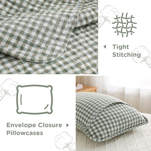 Gingham Quilt Set King Size - Green & Brown Cotton Linen-Like Bedspread