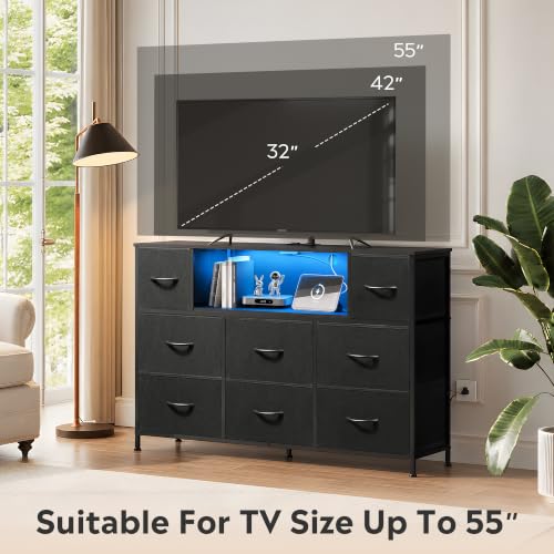 LED TV Stand for 55 Inch TV with 8 Drawers, RGB Ambient Lighting, Black - Adjustable & Durable
