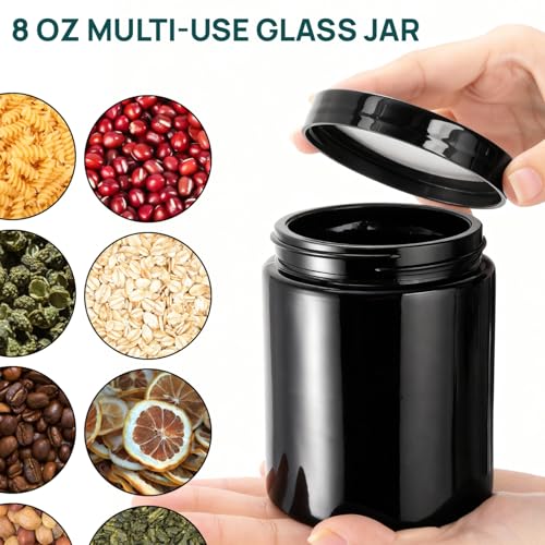 Black Glass Storage Jars Set of 4 - 8oz Airtight & UV-Protected Food & Herb Containers