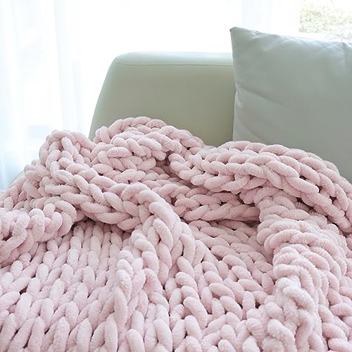 Chenille Chunky Knit Throw Blanket - Handmade Light Pink 60x80 Inches