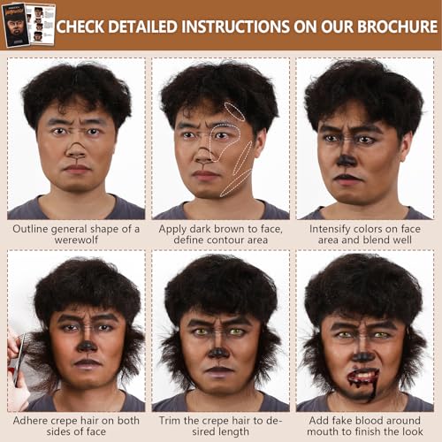 BOBISUKA Werewolf SFX Makeup Kit - Halloween Costume & Special Effects Set with Face Paint Crepe Hair Fake Blood