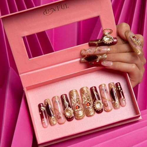 Lovful Verona Handmade Curve Press-On Nails with Crystals, Reusable Square Mid Length 1.7in M