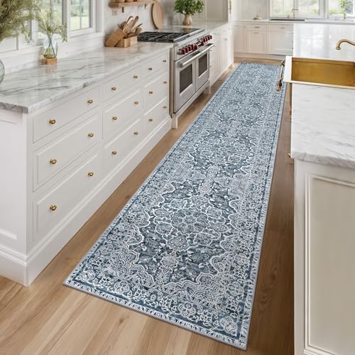 Blue Floral Washable Runner Rug 2.6x16 Feet Non-Slip Hallway Carpet