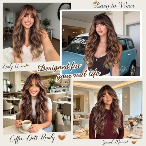 Lativ Brown Highlight Wigs for Women with Bangs & Dark Roots - Long Wavy 26 Inch - Brown Mixed Blonde Variant