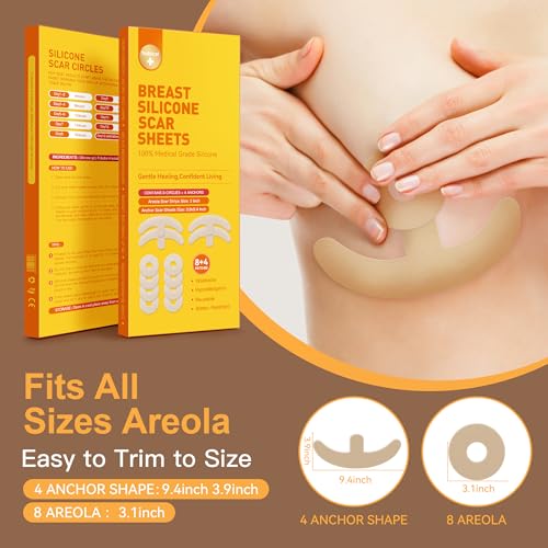 Including 8 Areola Soft Strips & 4 Anchor Sheets, Silicone Scar Sheets for Breast - Medical Grade Breast Silicone Scar Tape Patches for Surgical Scars