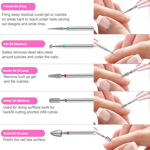 Pink Nail Drill Bits Set with Rhinestone Storage Box - 30 Pieces for Nail Art and Manicure