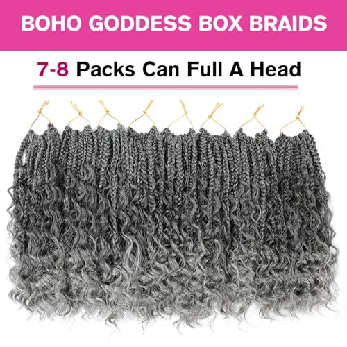 12 Inch Goddess Box Braids Crochet Hair Tgrey Pack of 8 - Pre-Looped Bohemian Box Braid Extensions