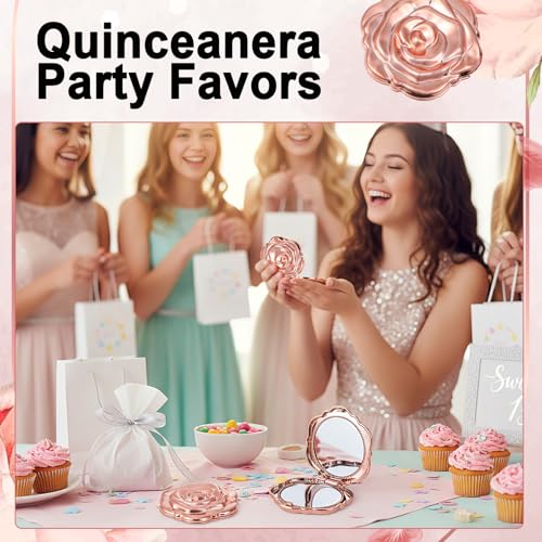 Rose Gold Compact Mirror Set - 36 Pcs Quinceanera Party Favors with Thank You Cards & Organza Bags - Rose Golden
