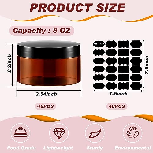 Uiifan 48 Pack 8 oz Plastic Jars with Lids & Labels, Empty Leak Proof Body Scrub Containers, Refillable Body Butter Containers Bulk for Cream, Powder Ointment, Lotion(Amber)