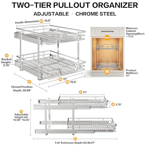 2-Tier Pull Out Kitchen Cabinet Organizer - 17" W x 21" D Shelf & Drawer Storage