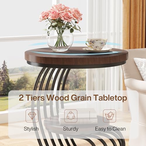 Rustic Brown Round End Side Table with 2-Tier Storage - Arc-Shaped Frame